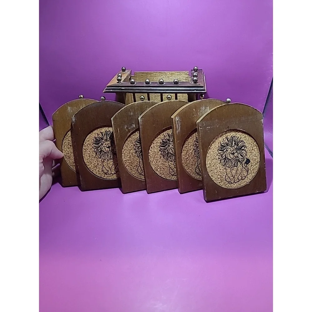 Vtg 1976 Cork Wood Coasters Set Circus Lion Zoo Train Cage Wagon‎ Caddy Bar Ware